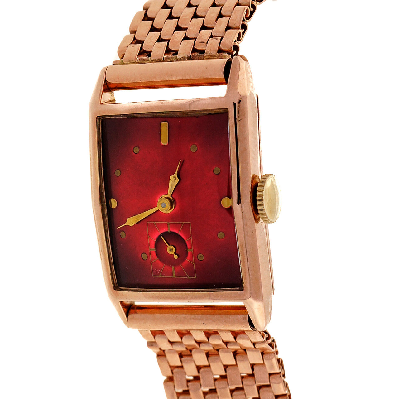 Retro Art Deco 1940 Vivid Red Custom Colored Dial 14k Pink Gold